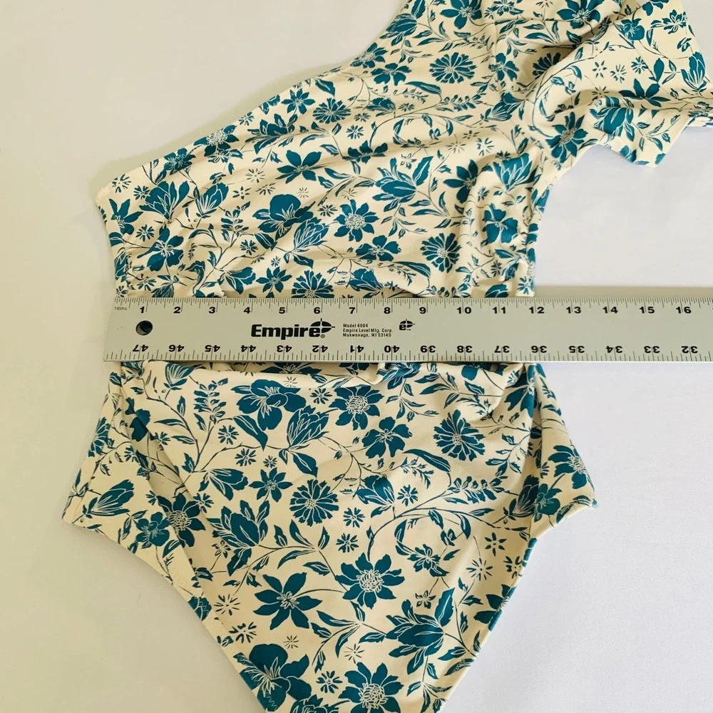 Free People Bodysuit Women S Cream Blue Floral One Shoulder Puff‎ Sleeve Boho - Picture 10 of 12